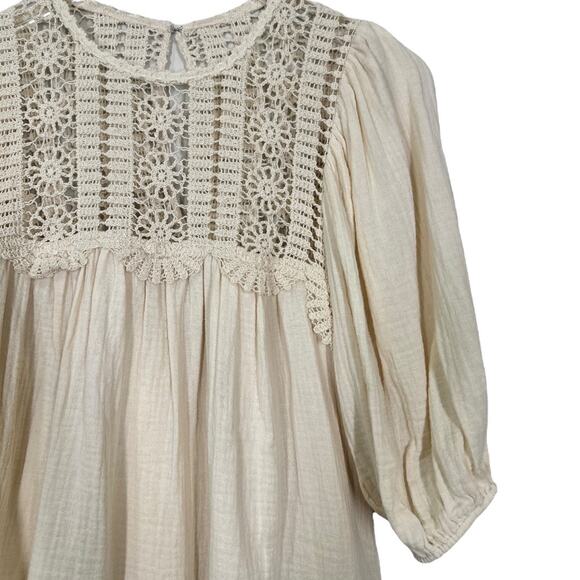 Saylor Nakai Blouse Medium Boho Cream Crochet Peasant Top Cottage Prairie Gauze - Picture 4 of 7